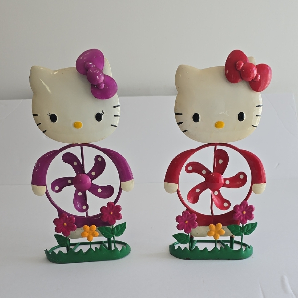 Vintage Hello Kitty Sanrio  Set Of 2 Pinwheel Windspinners Metal Flowers